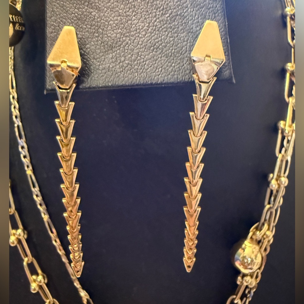 18K Japan Real Gold Chevron Drop Earrings